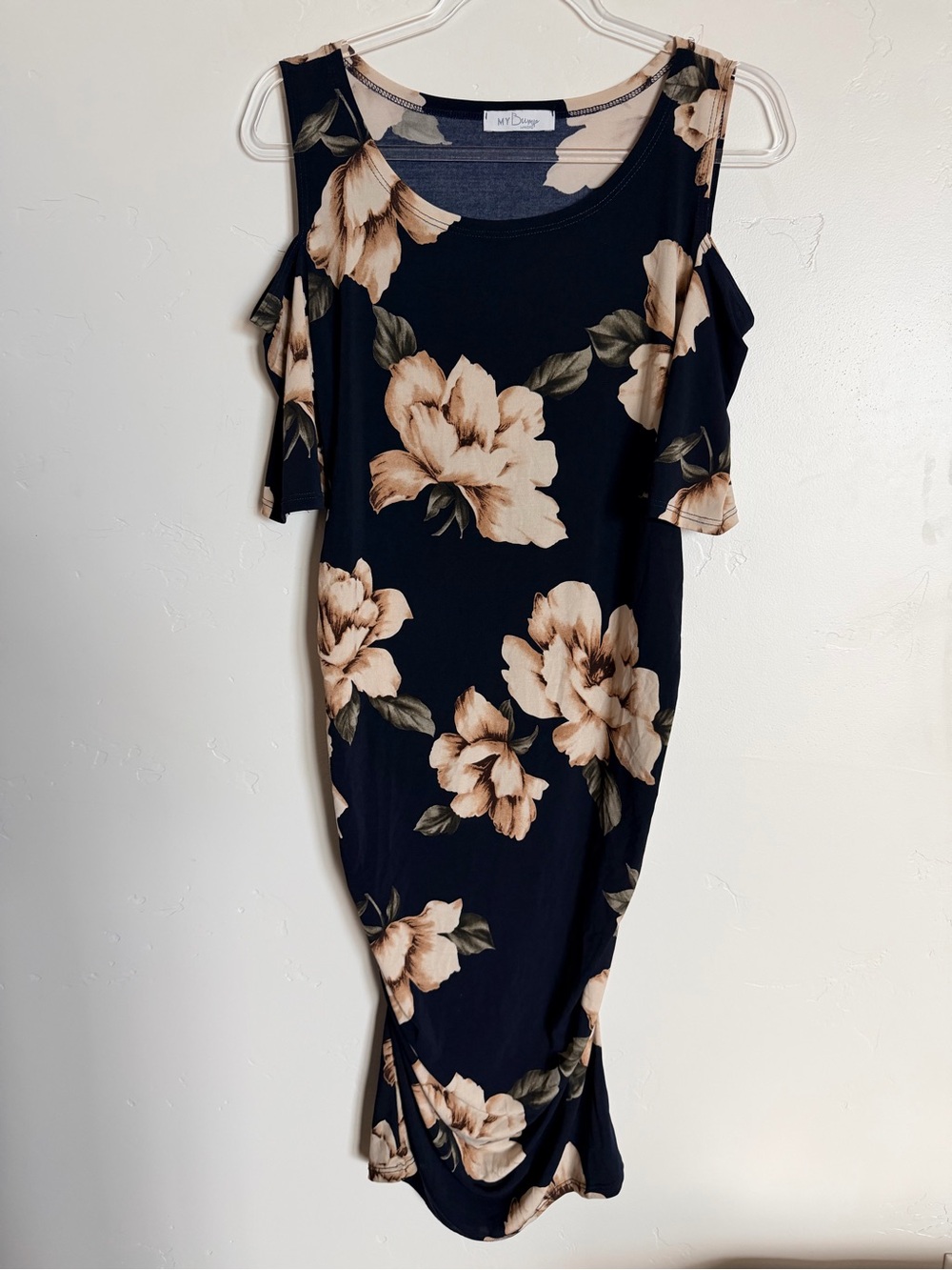 Maternity Midi Dress with Beige Floral Print Cold-Shoulder Navy